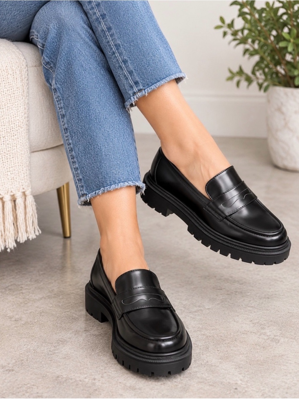 H&M Black Leather Lug Sole Penny Loafers for Women 38